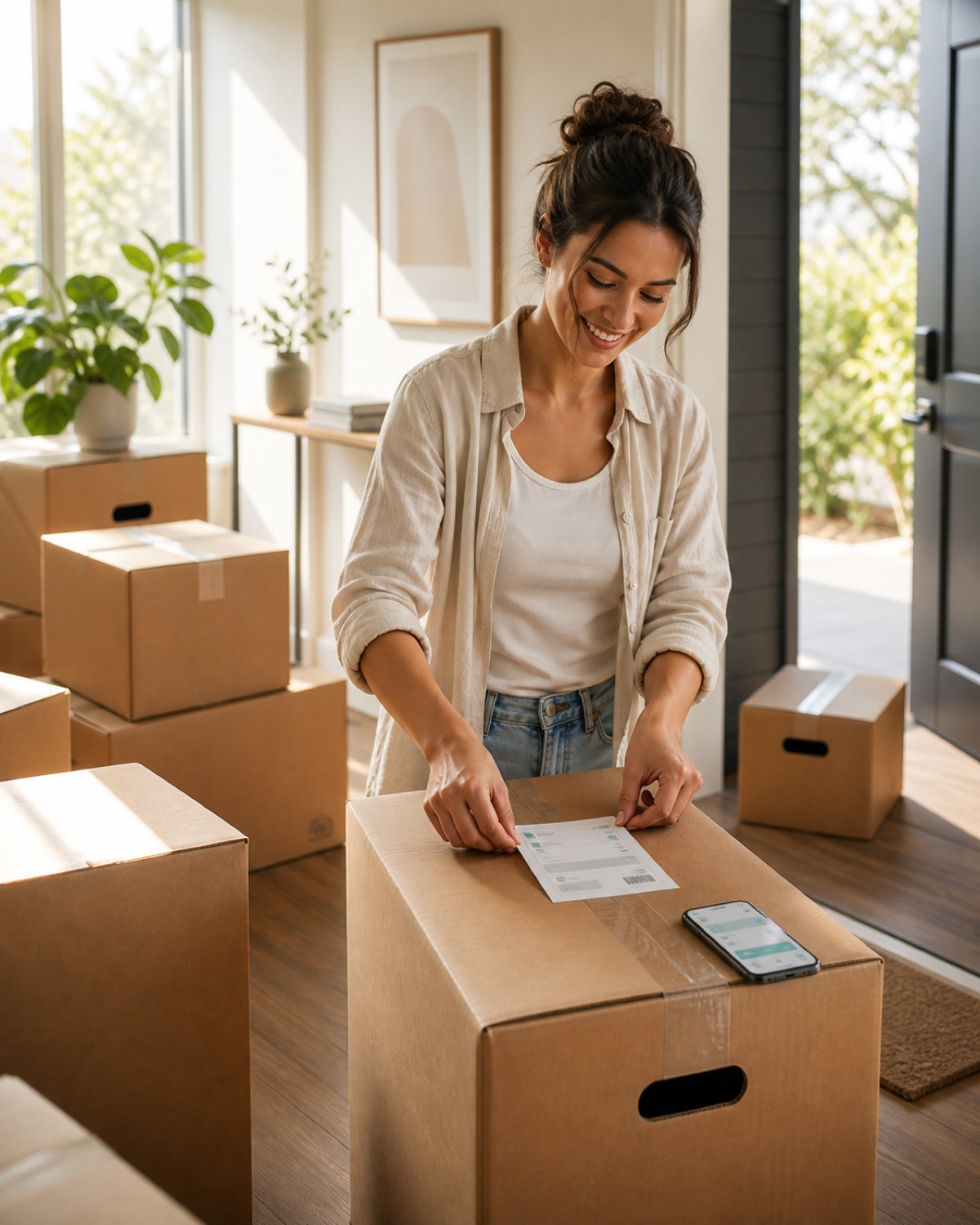 Customer labeling a storage box at home before pickup