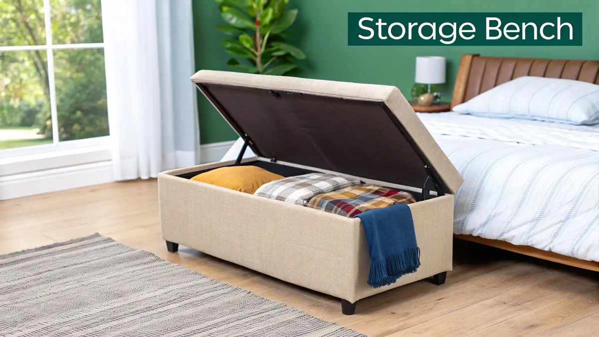 Upholstered storage bench open in a bedroom, holding blankets and a yellow pillow.