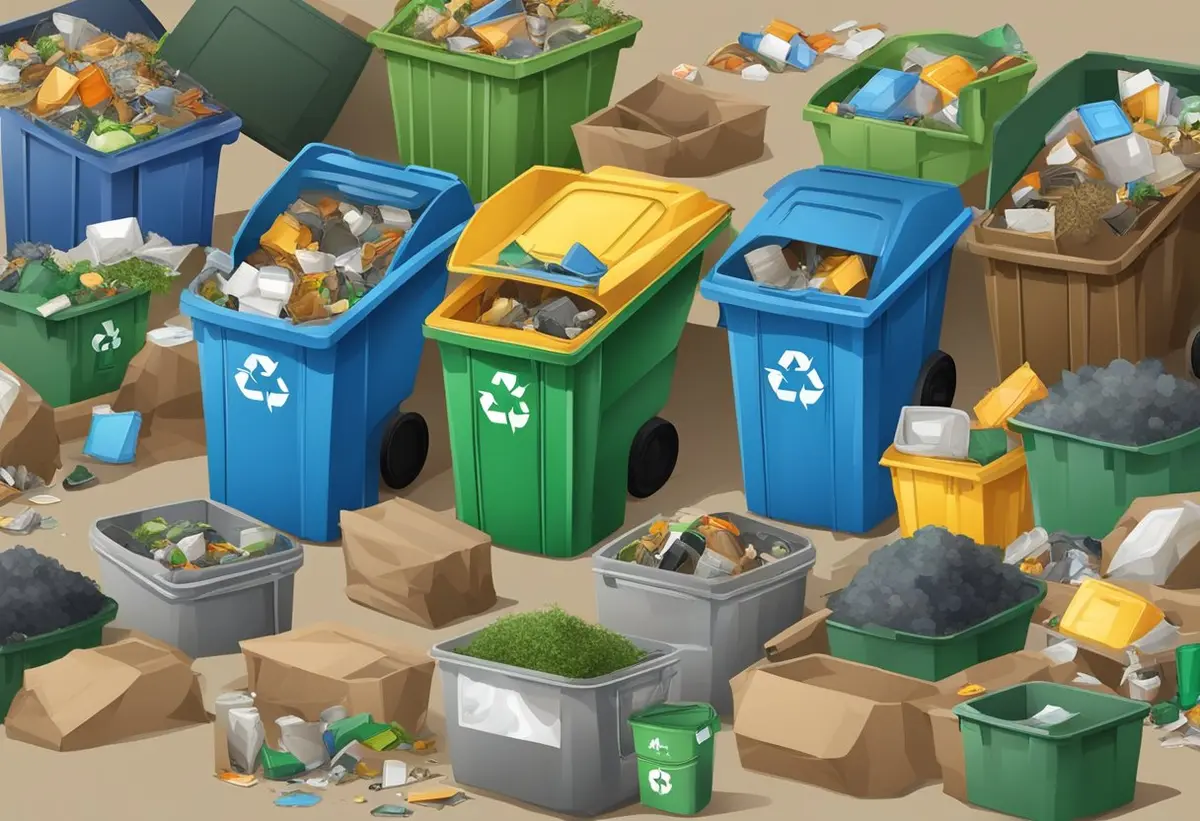 A variety of waste items sorted into separate bins or piles for recycling, composting, and landfill disposal