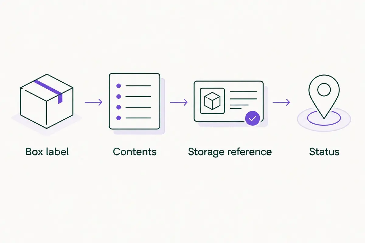 Four connected inventory elements: box label, contents, storage reference, and status