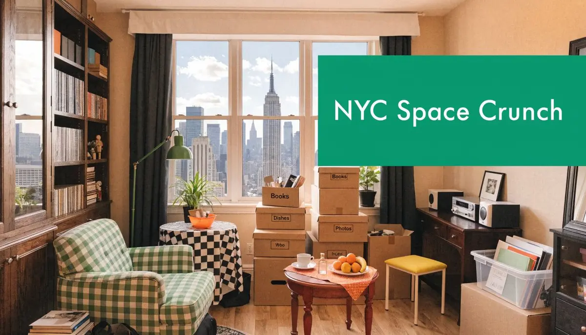 A cozy, clutter-filled New York City apartment room with stacked moving boxes near a window overlooking skyscrapers.