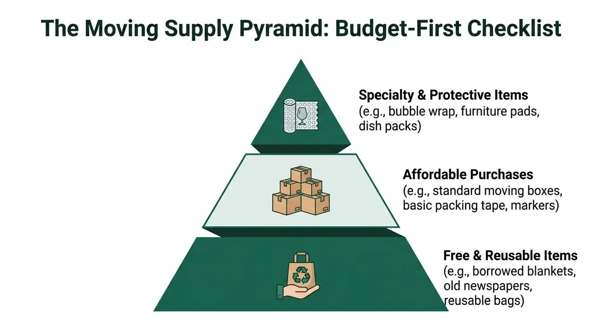 A moving supply pyramid infographic showing categories of packing materials from specialty items to free reusable goods.
