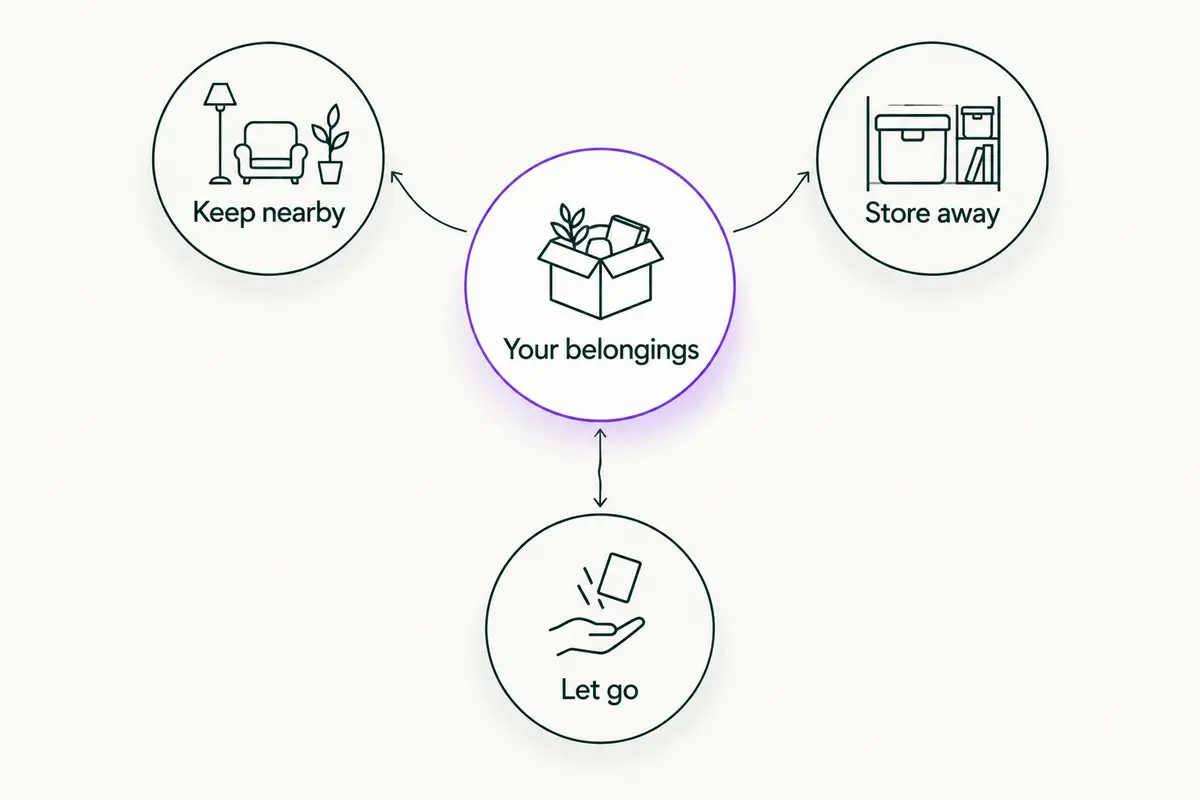Belongings sorted into keep nearby, store away, and let go groups