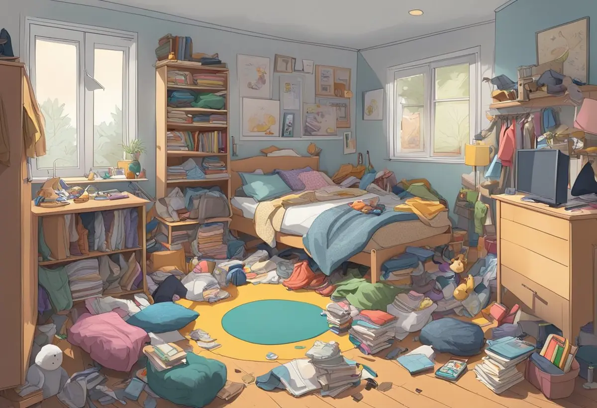 A cluttered room with scattered clothes, books, and toys. Dust gathers on surfaces and the bed remains unmade