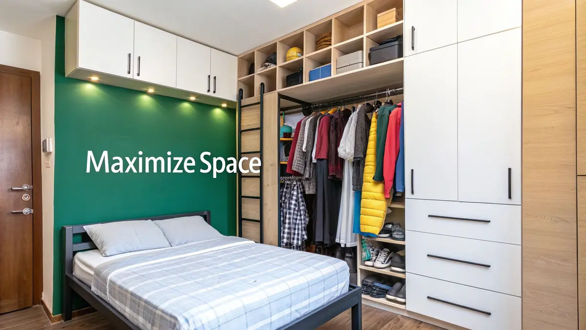 Compact bedroom featuring a bed, green wall, overhead storage, and a versatile custom closet maximizing space.