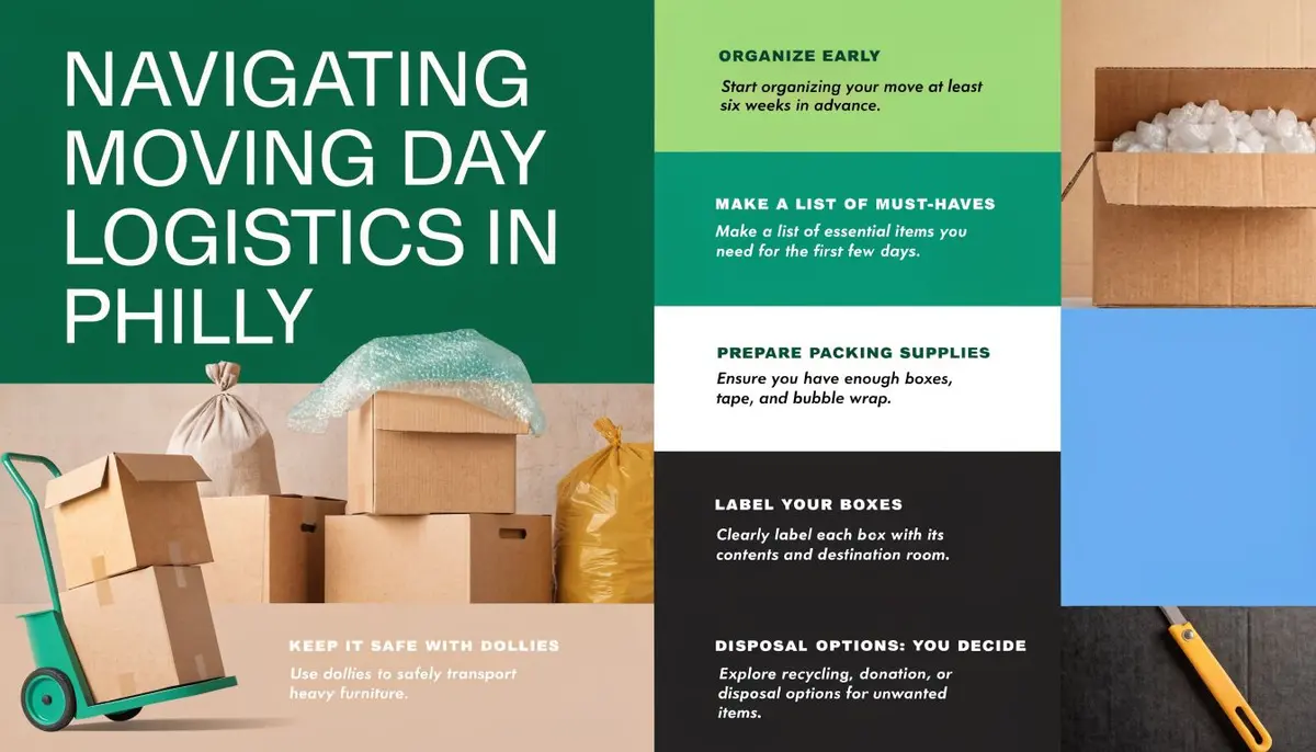 An infographic titled Navigating Moving Day Logistics in Philly with a list of essential moving tips.