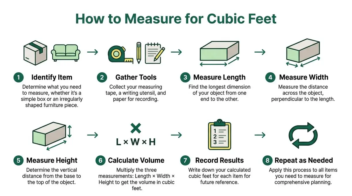 An instructional infographic explaining the eight-step process for calculating the cubic feet volume of various objects.