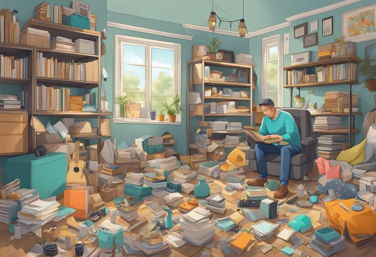 A cluttered room with shelves overflowing, items scattered on the floor, and a hesitant figure surrounded by sentimental objects