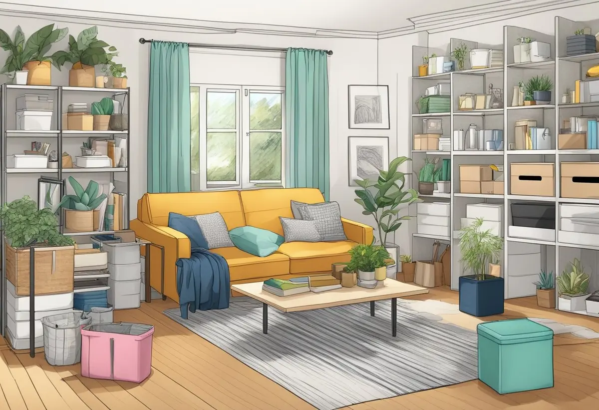 A cluttered living room transformed into an organized space with labeled bins and shelves for Home-Based Storage Solutions