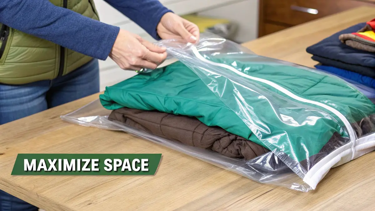 A stack of vacuum-sealed bags filled with colorful clothing, demonstrating their space-saving capability.