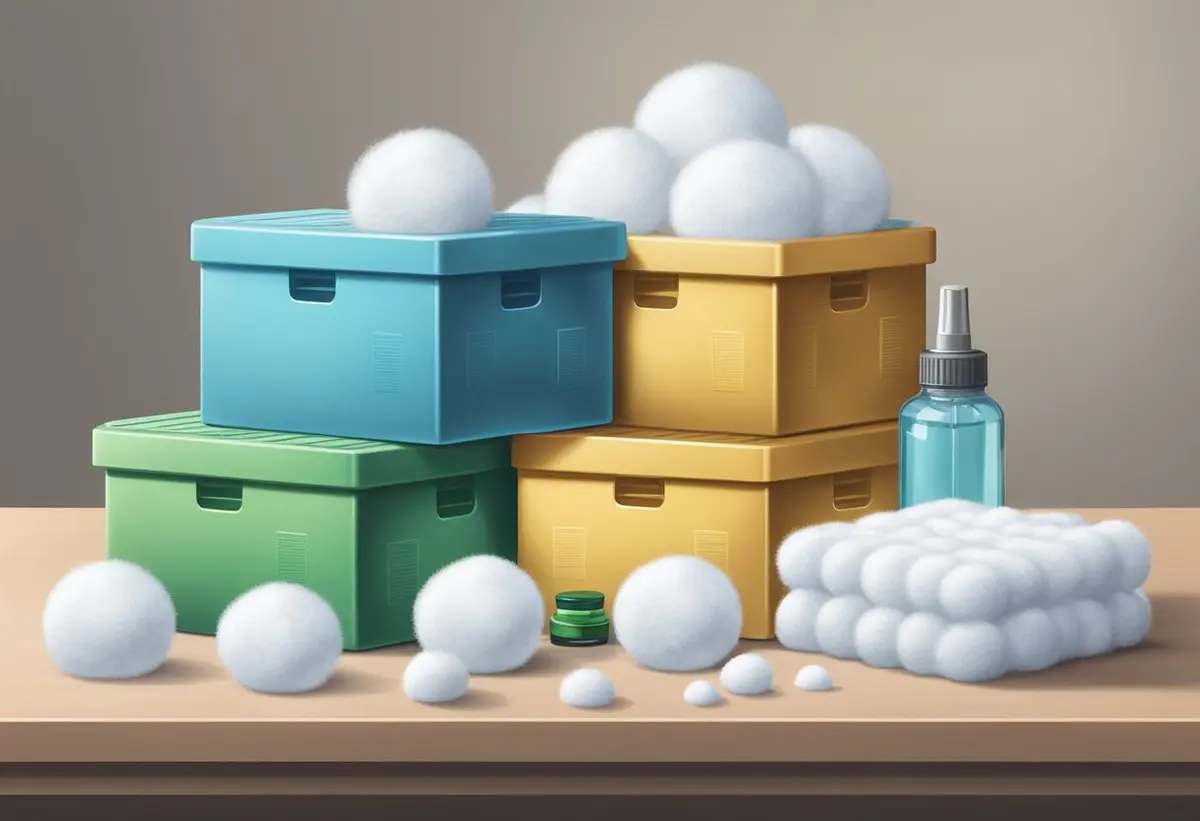 A stack of sealed storage boxes surrounded by peppermint oil-soaked cotton balls, steel wool, and ultrasonic repellent devices