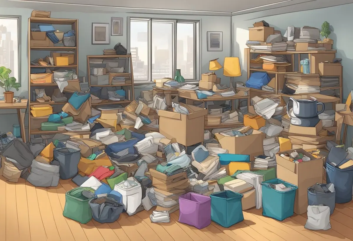 A cluttered room with various possessions being sorted into piles for keep, donate, and discard