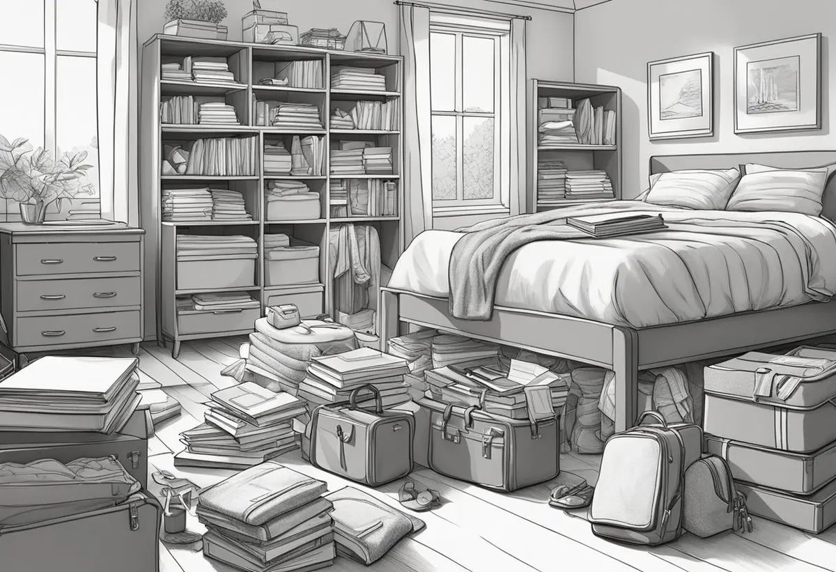 A cluttered bedroom with clothes, books, and school supplies scattered on the floor. A suitcase and storage bins are open, ready to be filled