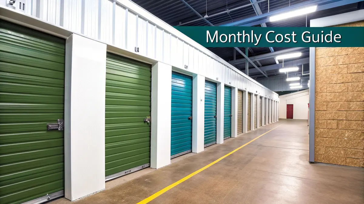 An indoor self-storage facility with rows of units, featuring green, teal, and tan roll-up doors.