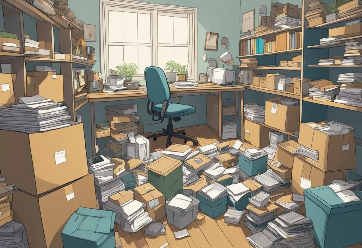 A cluttered room with overflowing boxes, piles of items, and narrow pathways. A professional organizer offers guidance to a distressed individual