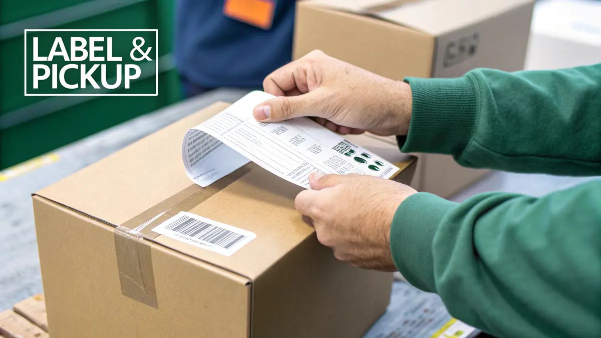 A person attaching a clear shipping label to a sealed cardboard box, with a roll of packing tape and a marker nearby.