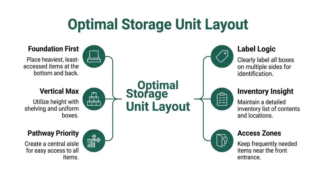A visual guide outlining six essential tips for an optimal and organized storage unit layout strategy.