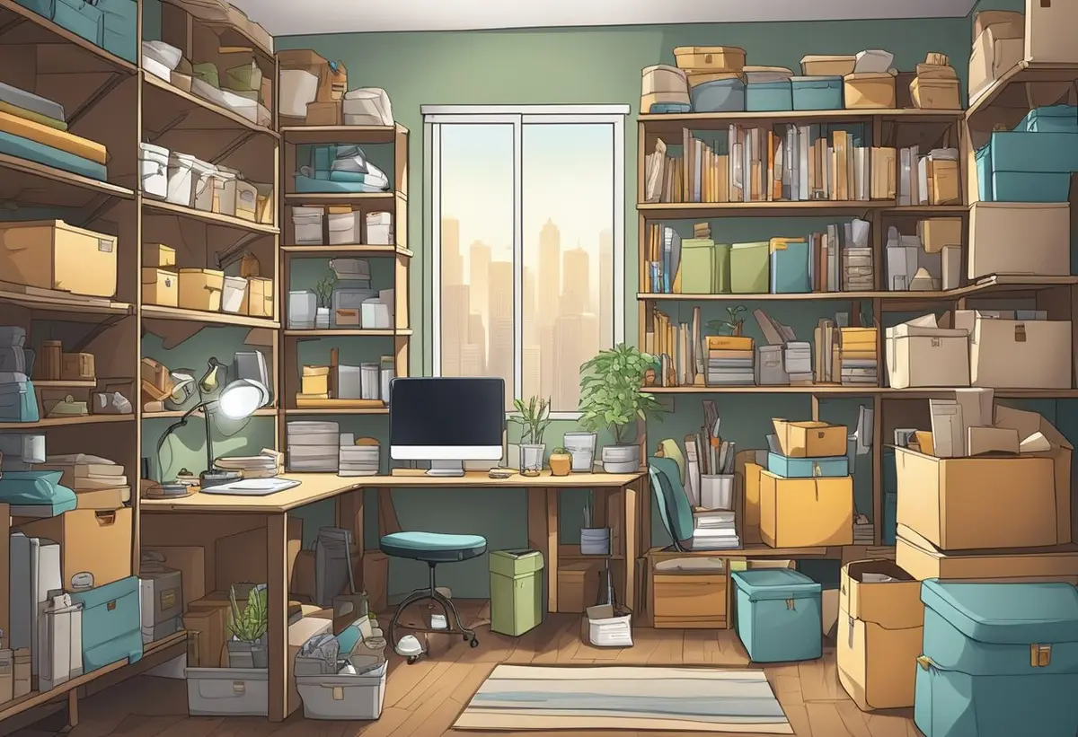 A cluttered room with items neatly organized into labeled boxes and shelves, creating a sense of order and tidiness