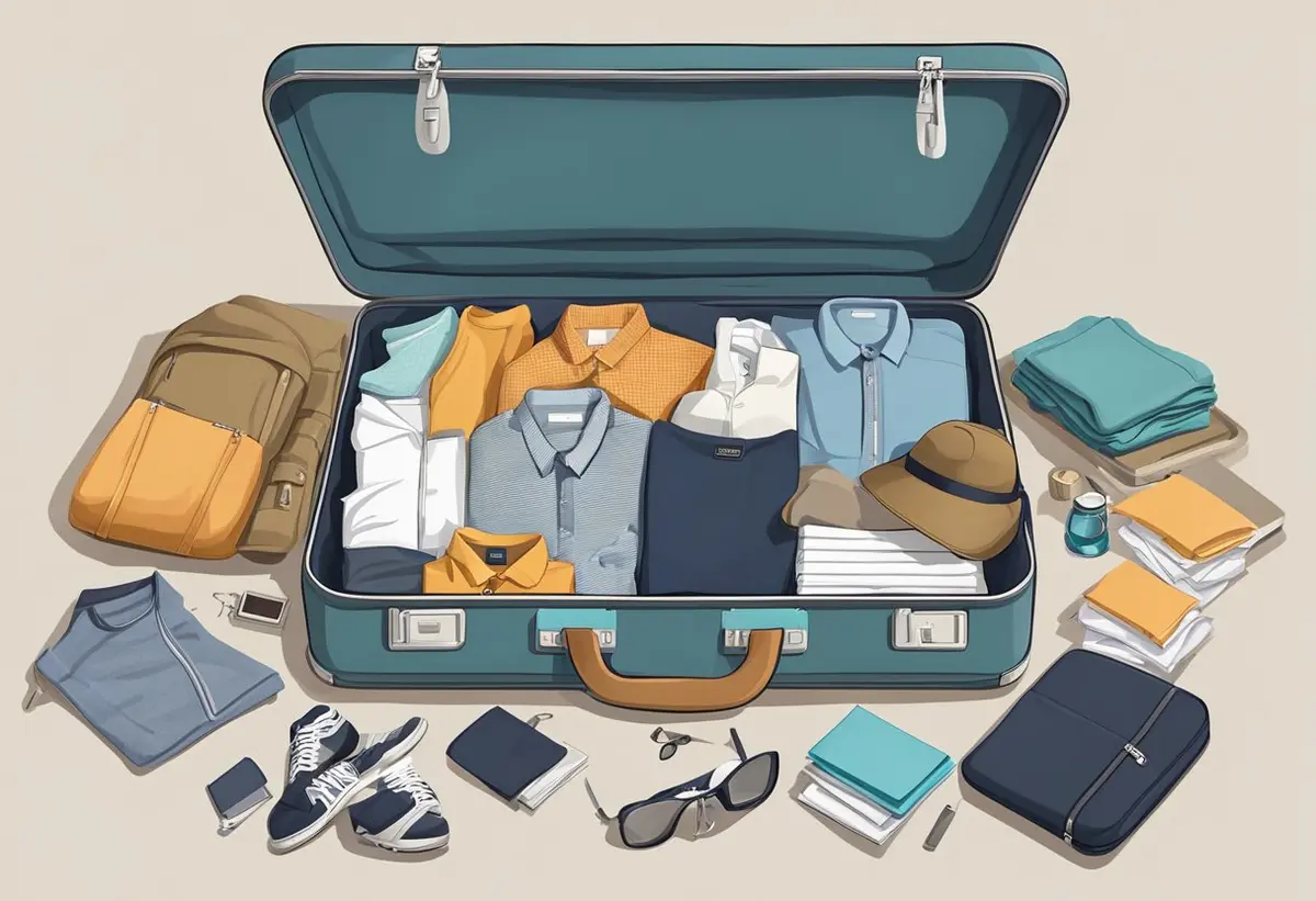 An open suitcase filled with neatly folded clothes and personal items, surrounded by packing lists, boxes, and college essentials