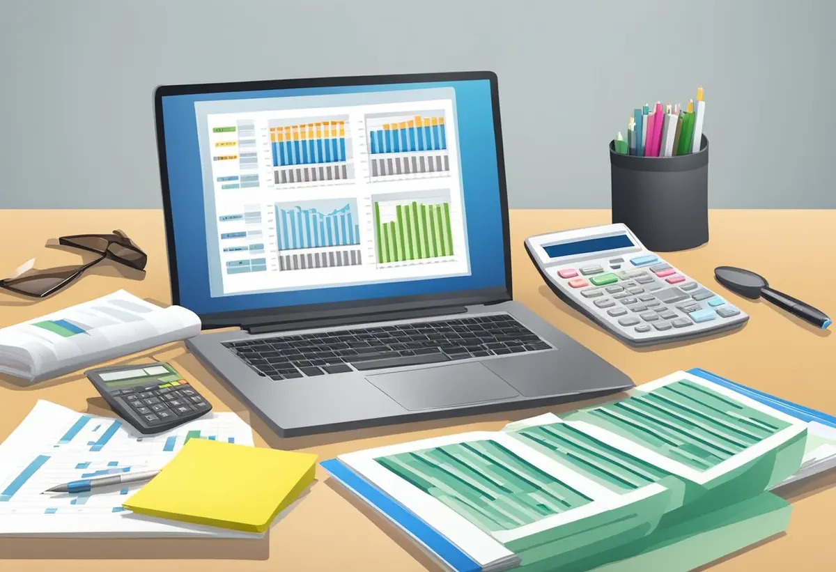 A table with documents, calculator, and pen. A laptop displaying budget spreadsheet. Keys and house model on the side