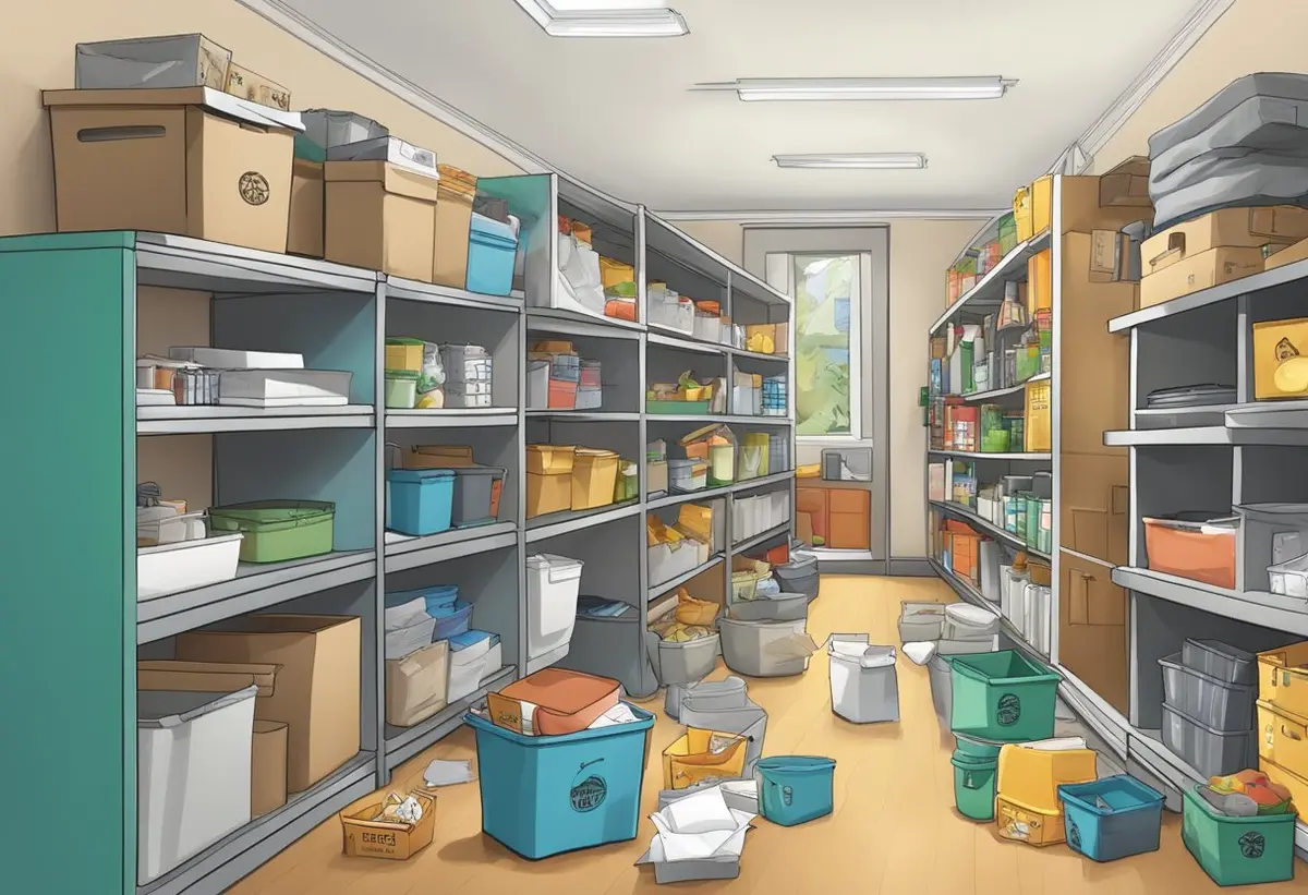 A cluttered room with items being sorted into labeled bins and shelves