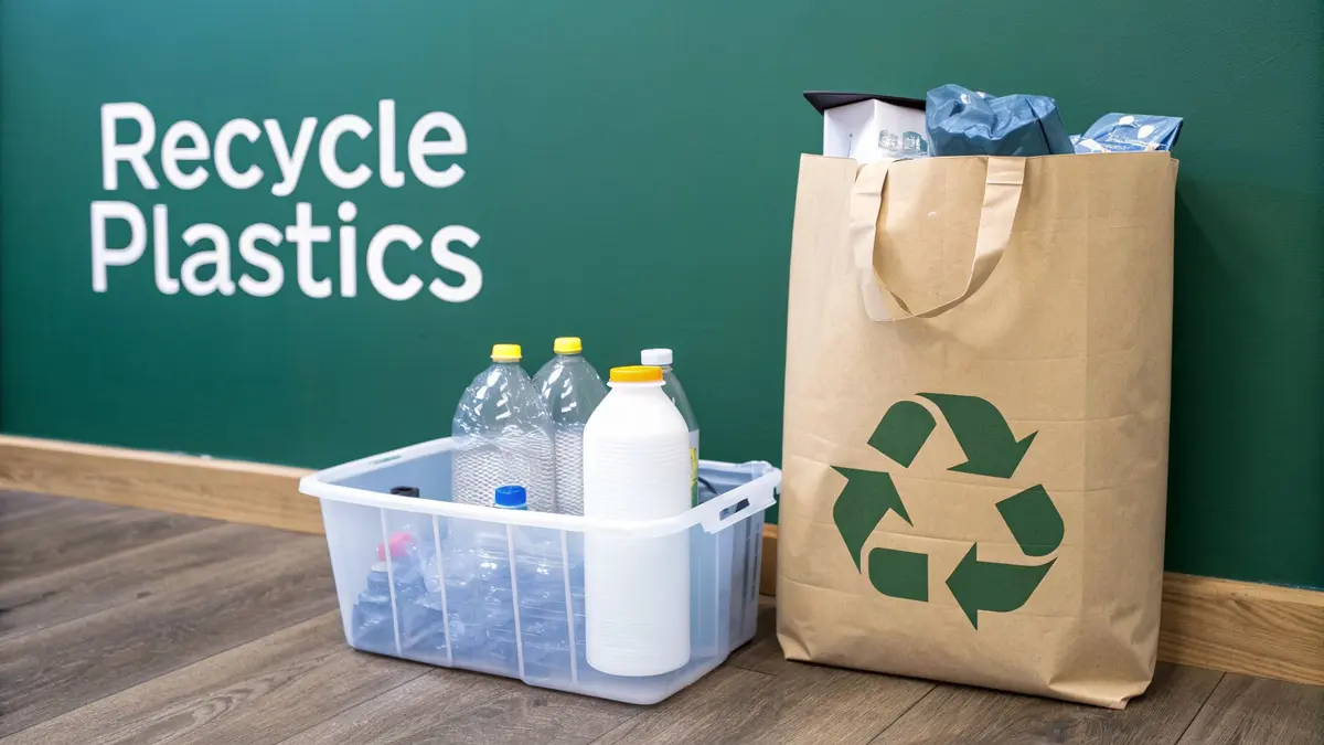 Clear bin filled with plastic bottles and a paper bag with recycling symbol, next to a 'Recycle Plastics' wall.