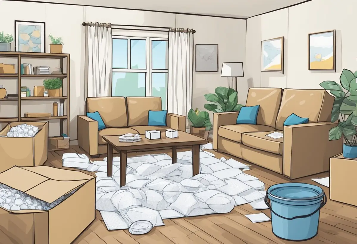A living room with cardboard boxes, bubble wrap, and packing tape scattered around. Furniture and decor are being packed up for a move