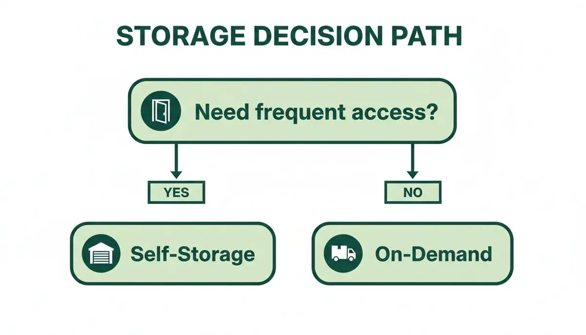 Flowchart guiding storage decisions: frequent access leads to self-storage, infrequent access to on-demand.