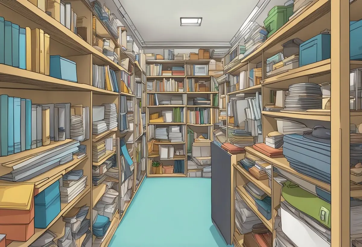 A cluttered room with piles of items stacked high, overflowing shelves, and narrow pathways through the space