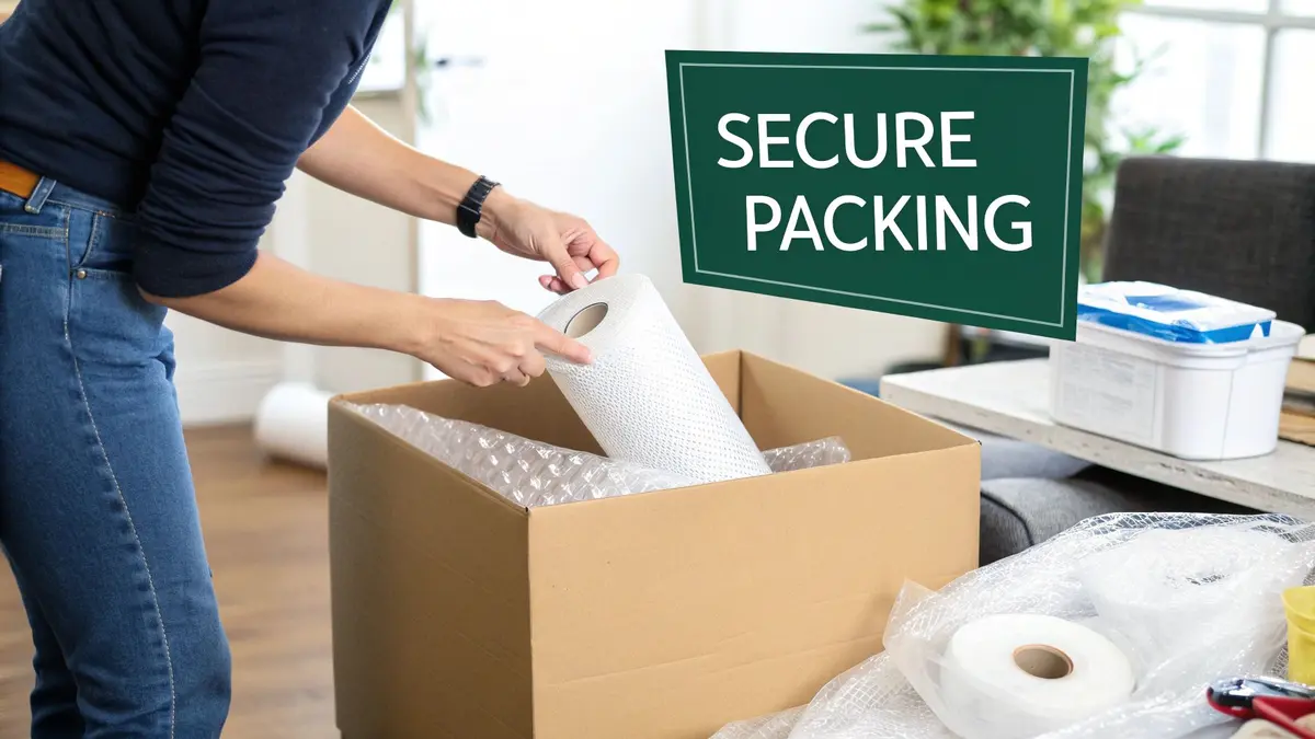 A person carefully taping a cardboard moving box shut with packing tape, with bubble wrap visible inside.