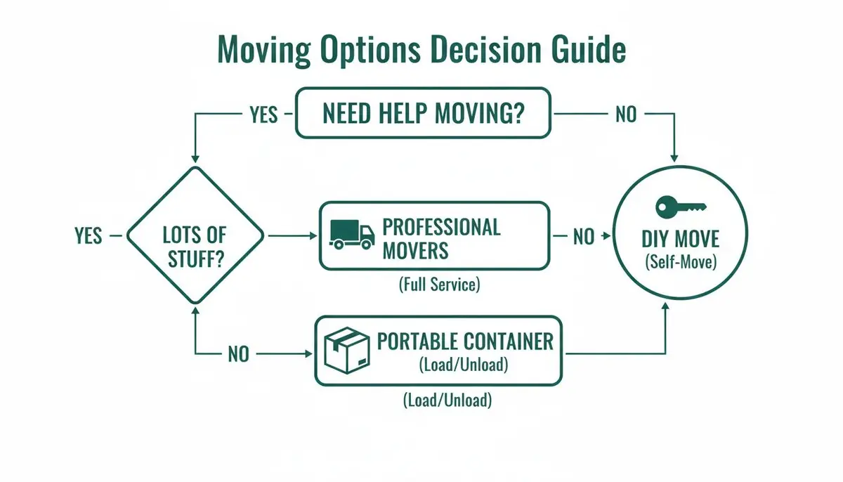 Flowchart decision guide for moving options, including professional movers, portable container, and DIY move.