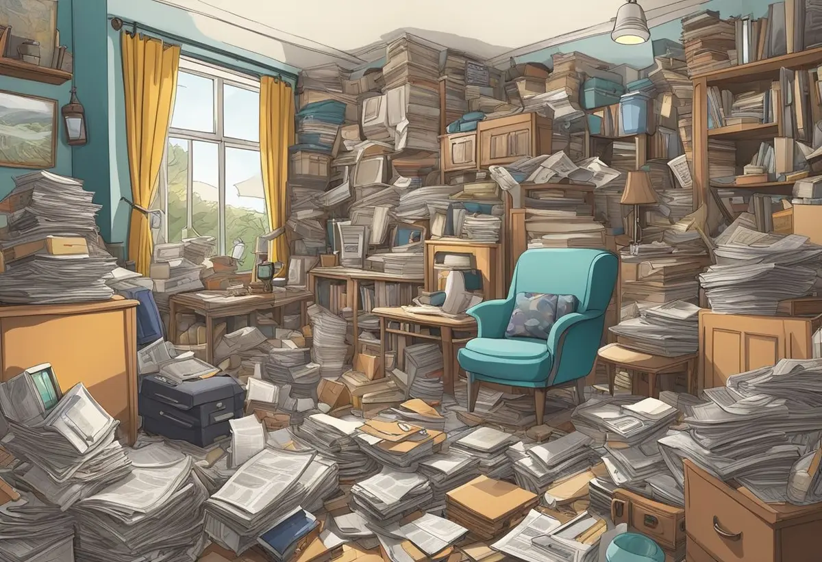 A cluttered house with piles of items stacked everywhere, from floor to ceiling. Objects ranging from newspapers to old furniture create a chaotic and overwhelming environment
