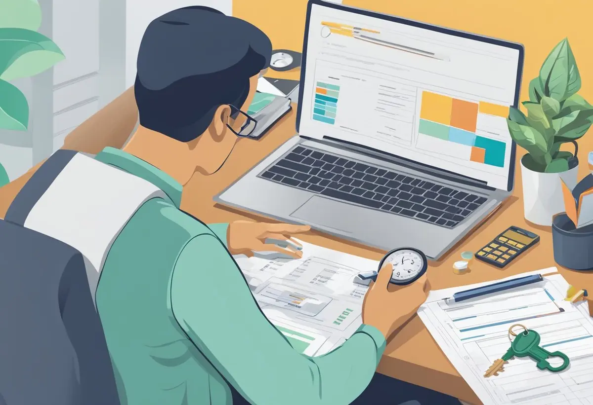 A person researching home-buying process, surrounded by a checklist, calculator, and house keys