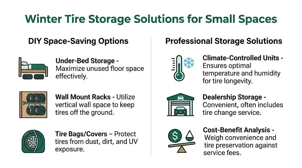 An infographic showing various DIY and professional storage solutions for winter tires in small living spaces.