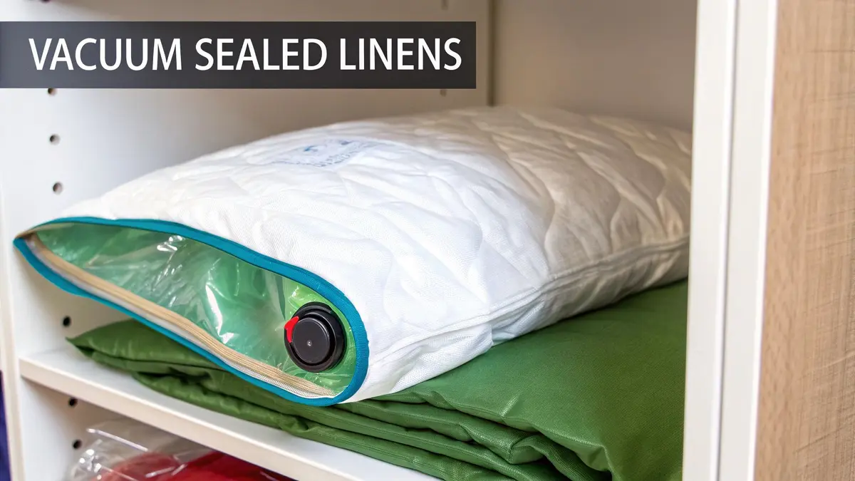 Compactly stored white pillow and green bedding in a vacuum-sealed bag on a closet shelf.