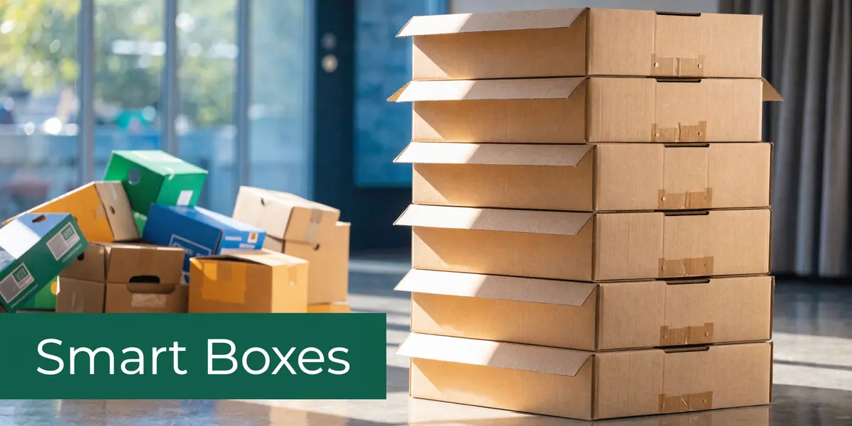 A stack of plain cardboard boxes next to a collection of colored shipping boxes on a floor.