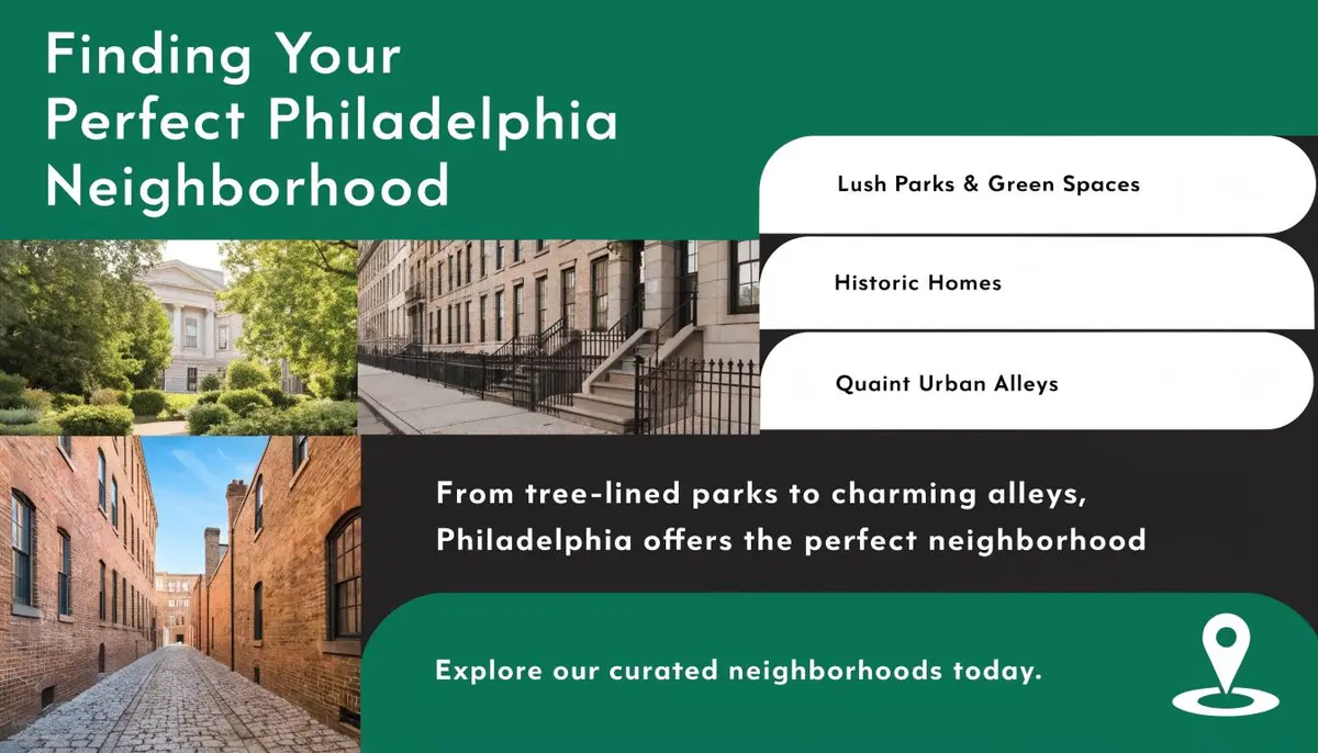 A promotional graphic for Philadelphia real estate featuring images of green parks, historic homes, and charming alleys.