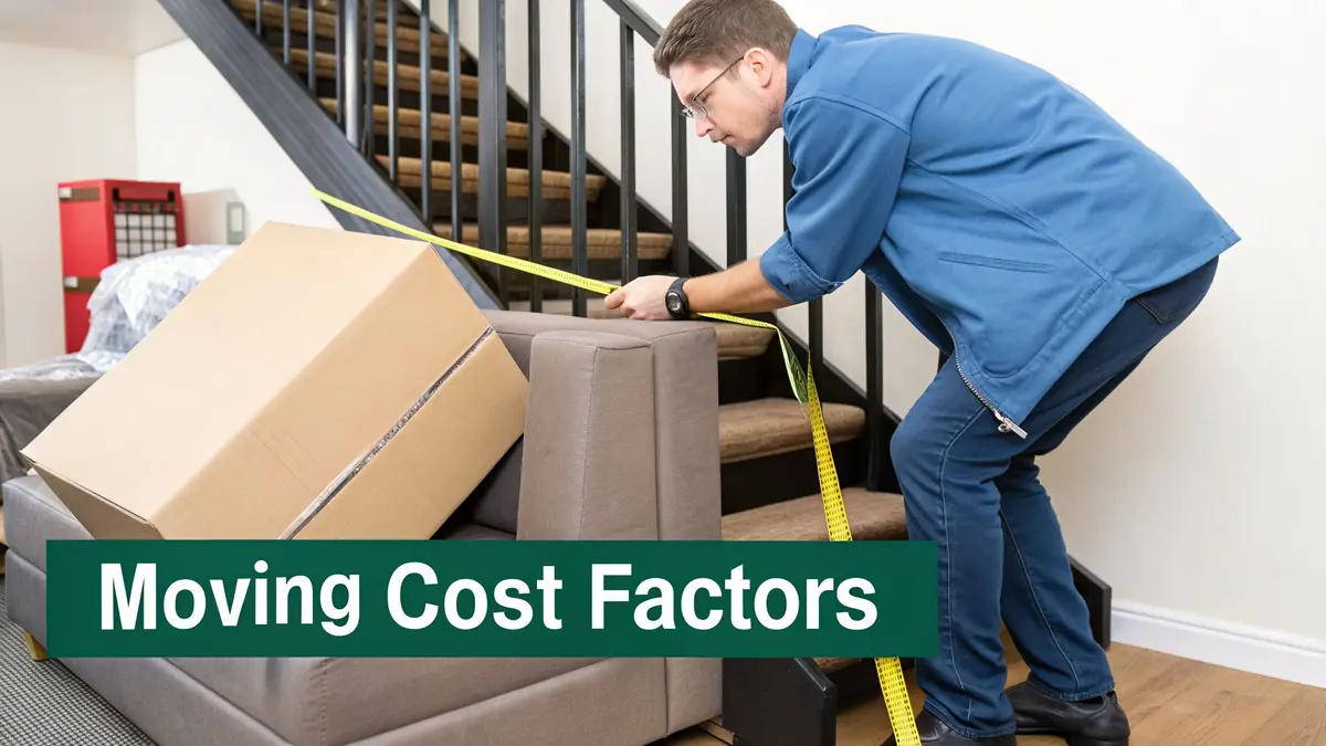 Man measuring a sofa with a tape measure, surrounded by moving boxes near a staircase, illustrating moving cost factors.