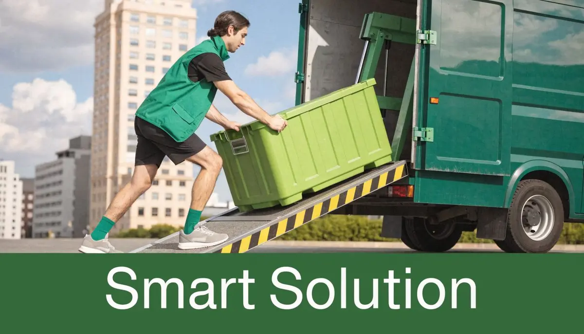 A professional delivery worker moving a green storage crate up a ramp into a delivery van.