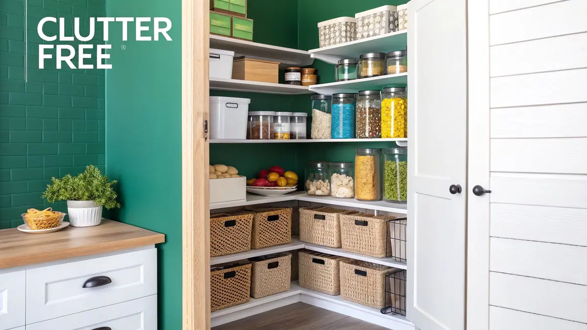 Organized pantry with labeled containers and baskets.