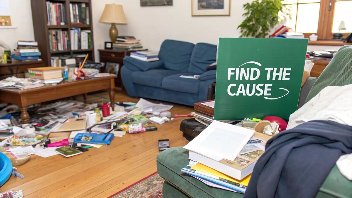 A messy desk with papers and personal items scattered around, symbolizing the financial chaos of clutter