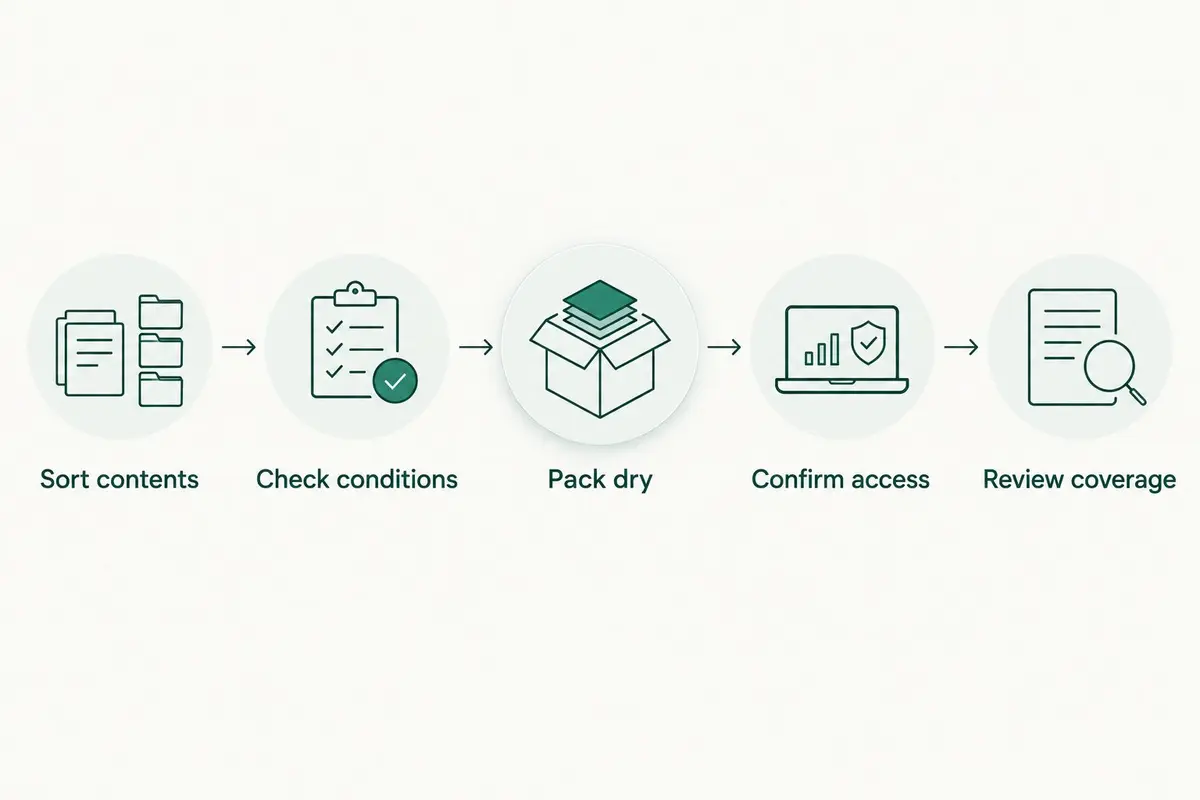 Storage decision steps covering contents, conditions, packing, access, and insurance