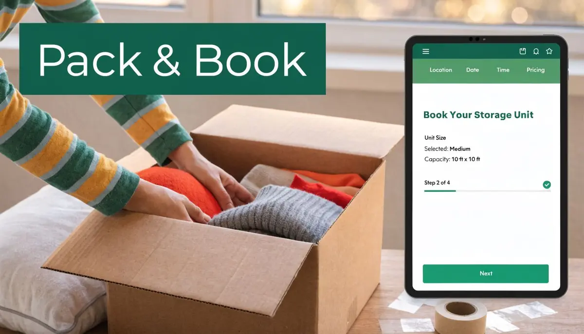 A person packing items into a cardboard box next to a tablet displaying a storage unit booking app.