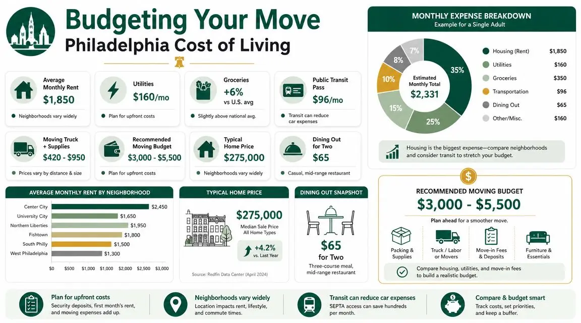 An infographic titled Budgeting Your Move detailing Philadelphia cost of living expenses for housing, transportation, and food.