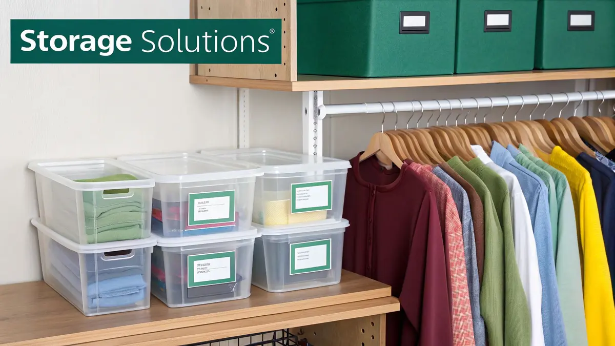 A neatly organized pantry with clear containers and labeled baskets on shelves.