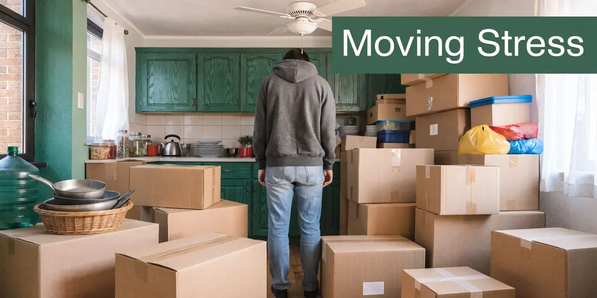 A person standing stressed in a kitchen filled with cardboard boxes during a residential move.