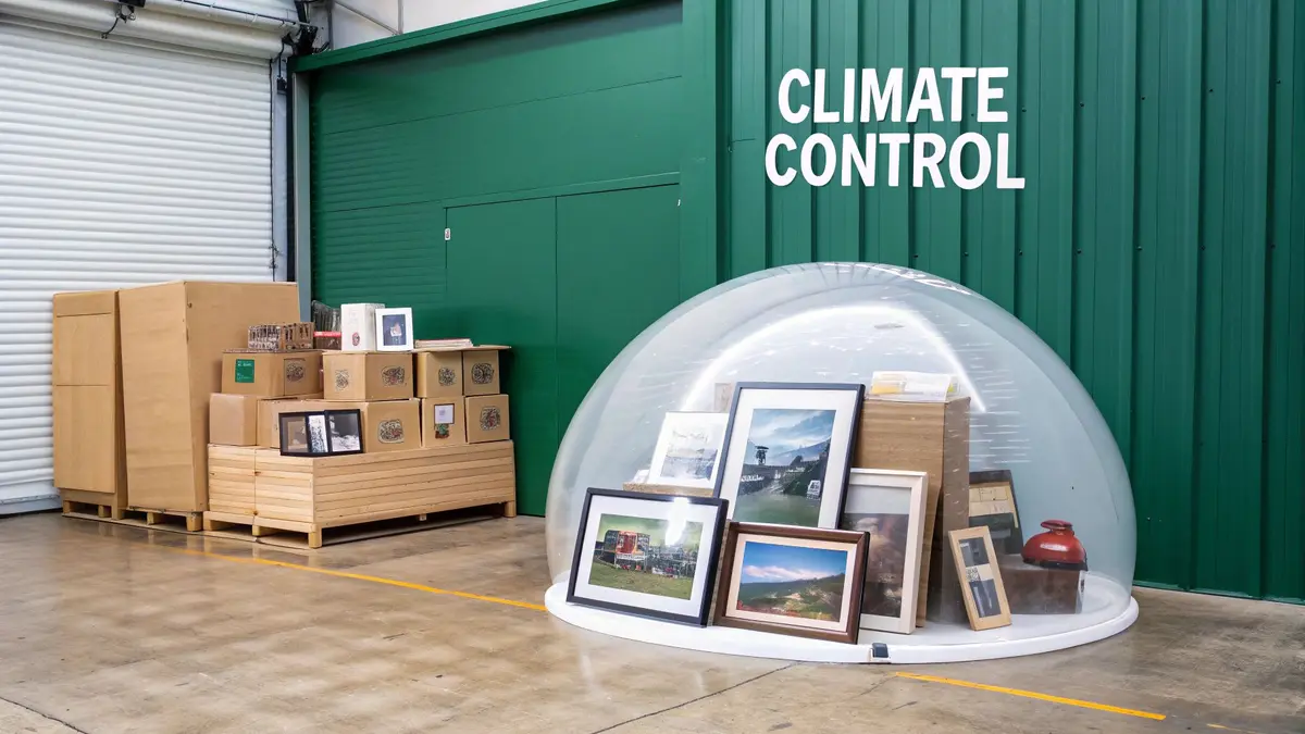 Woman organizing boxes in a climate-controlled storage unit