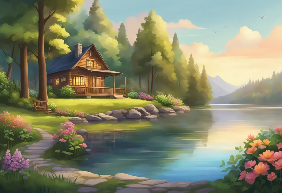 A peaceful lakeside with a cozy cabin, surrounded by lush greenery and colorful flowers, with a hammock and a small vegetable garden nearby