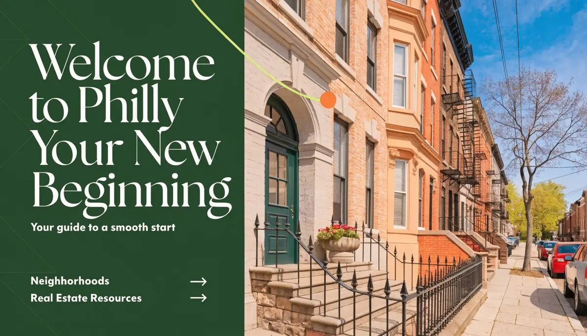 A welcoming graphic for moving to Philadelphia featuring row houses on a sunny city street.