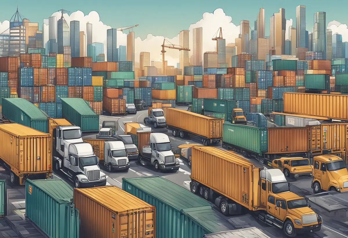 A bustling city skyline with moving trucks and shipping containers, depicting the economic considerations of relocation